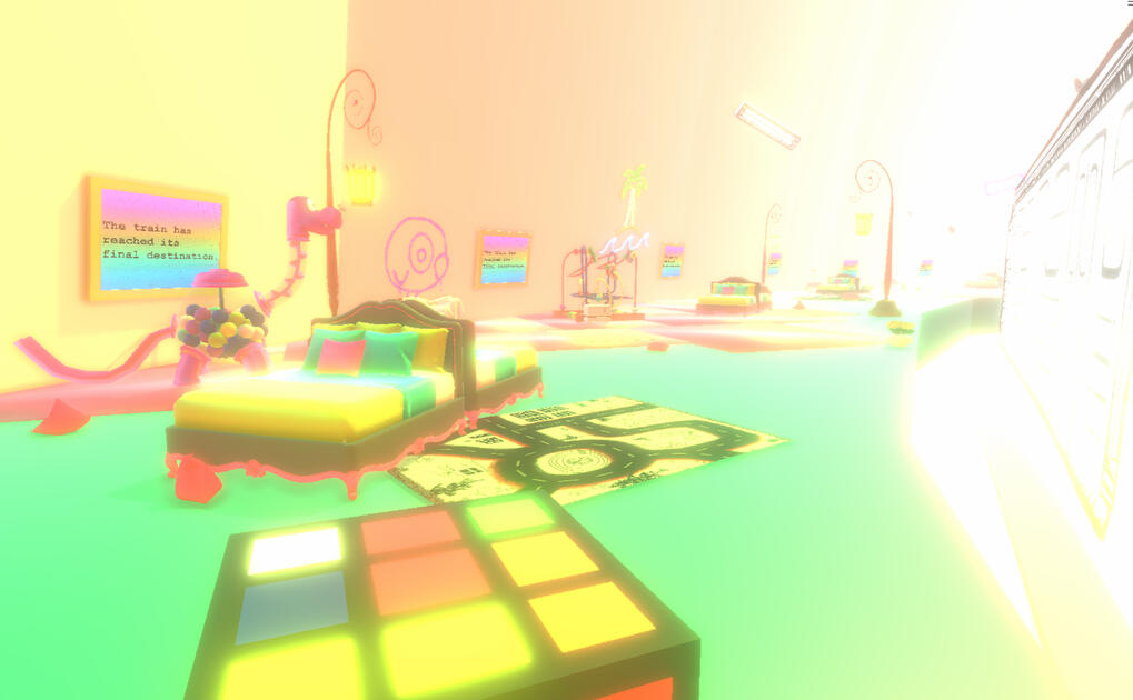 The final dreamlike station - the "curve has reassert itself over the straight line", and the train station has transformed into a dreamlike childhood bedroom.