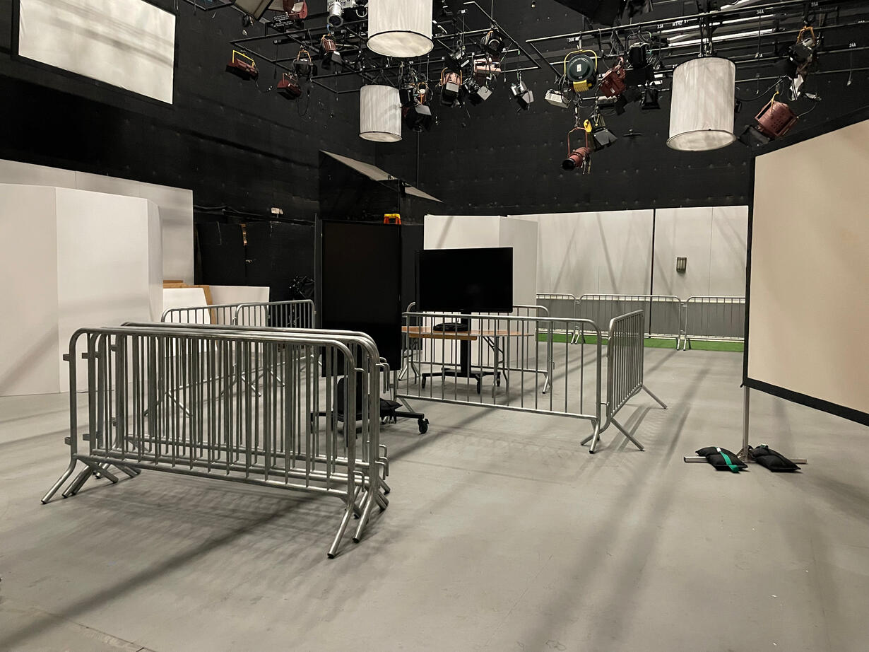 In-progress layout of the installation's barricade "hallways".