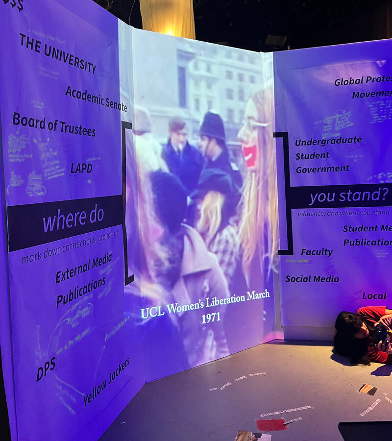 The right side showcased a video on the history of student protests in the center of a powermap inviting guests to mark "where they stand" among the university's entangled power systems. Featuring me in the corner.