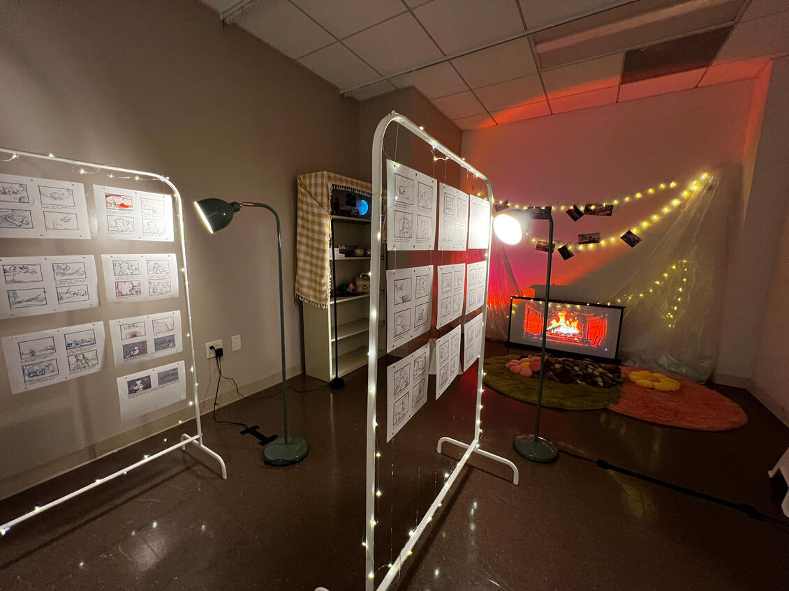 The full room, with the storyboard stands acting as "hallways".