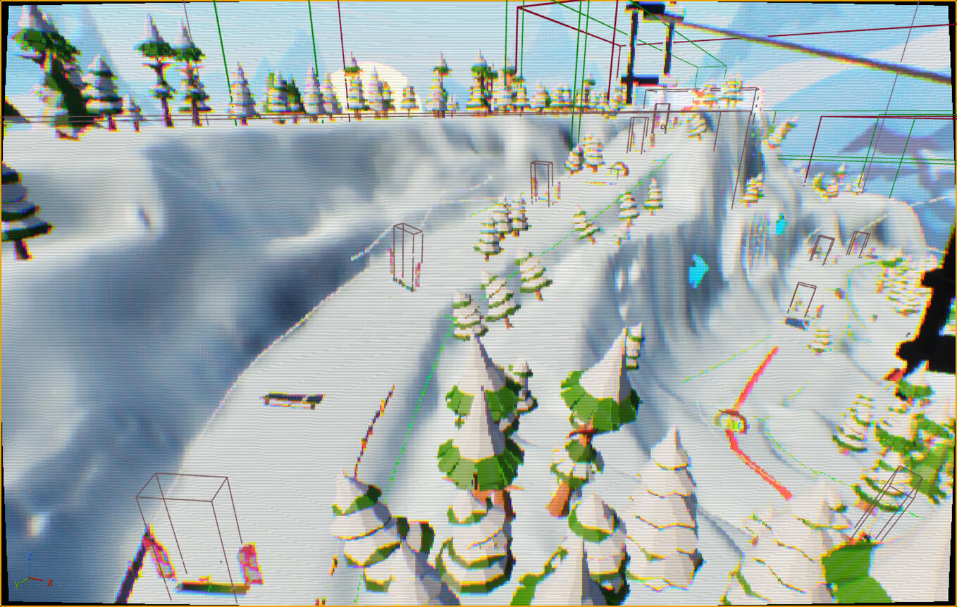 In-editor screenshot of the beginnging. Slalom gates give the player points,
